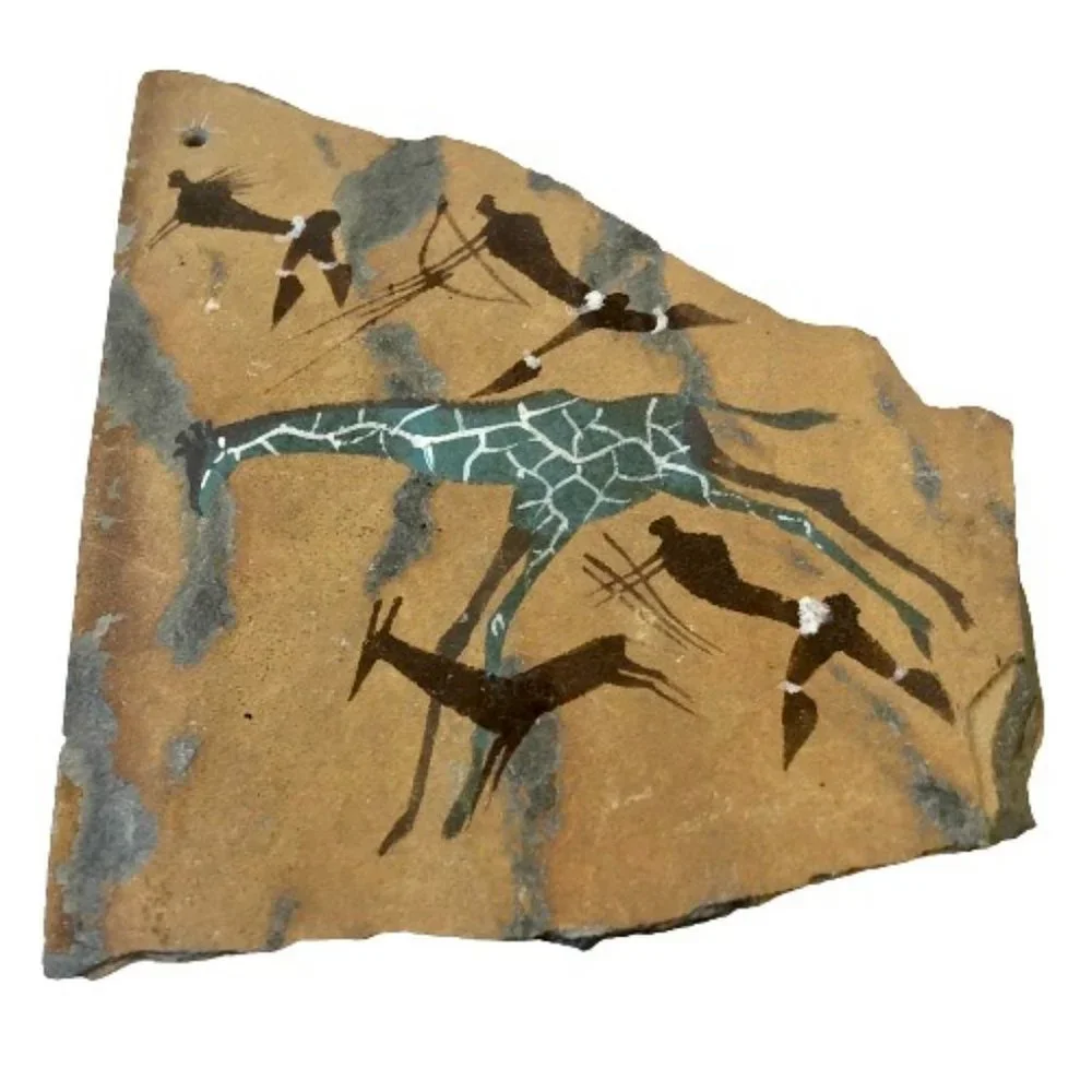 Slate Stone Hand Painted Primitive Hunting Giraffe Art Wall Hanging Decor